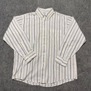 Vintage 90s Manhattan Striped Oxford Shirt Mens 17 32-33 Gray White Long Sleeve